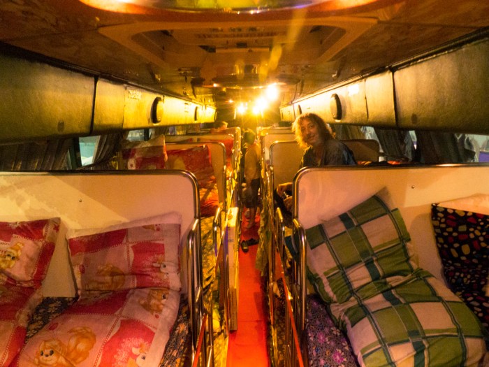 Claire waiting for Michel to come to bed on our overnight bus ride